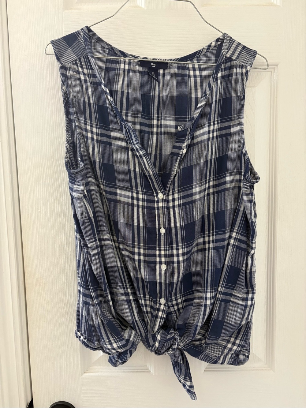 GAP Navy and White Plaid Sleeveless Tie-Front Camisole